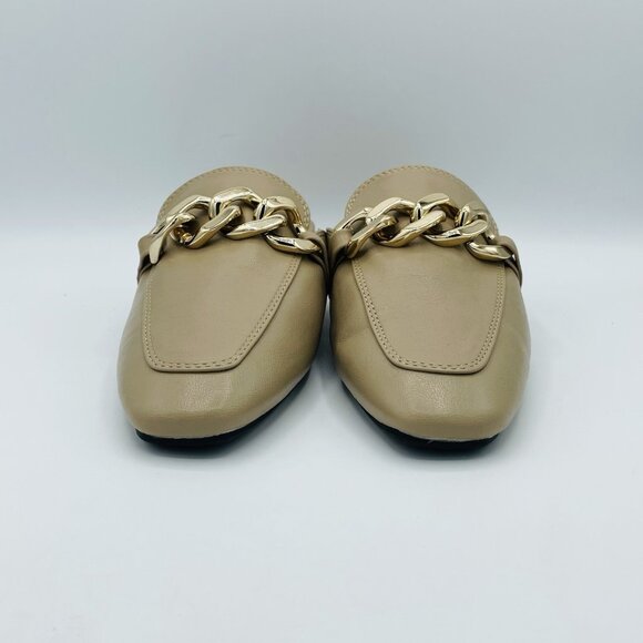 JiaLianNa Shoes Womens Size 7.5 Beige Brown Comfort Mules Heels Gold Chain Slip - Picture 5 of 10